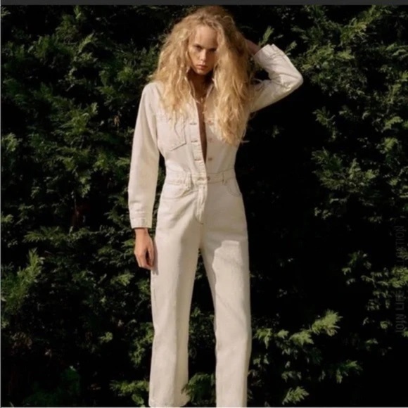 Zara - Beige Denim Jumpsuit Size Medium - Picture 2 of 10